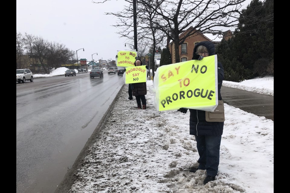 Protesters lined First St. in Collingwood on Jan. 18 to protest the current prorogation of Parliament.