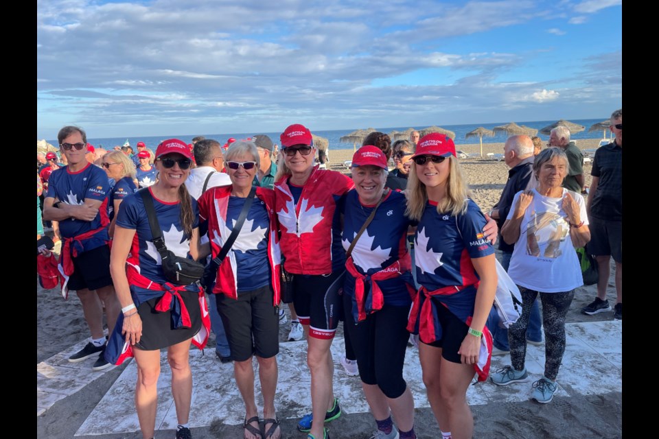 Seven athletes from Southern Georgian Bay competed at the World Triathlon Championships in Spain in October including, from left, Christine Gordon, Lynn Wardle-Ransom, Petrina Dolby, Debbie Cass and Carly Ross. Missing from the group photo is Murray Cass and Micki Rivers. 