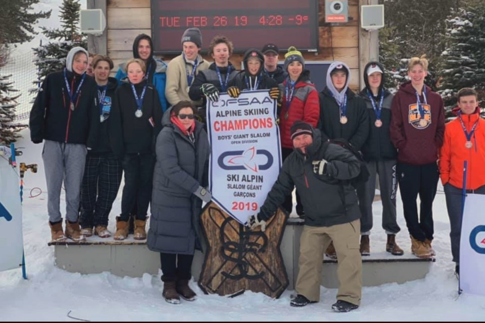 Collingwood Collegiate Institute students topped the podium and took home the OFSSA banner in the Boys' Open Giant Slalom competition at Osler Bluff last month. Contibuted photo