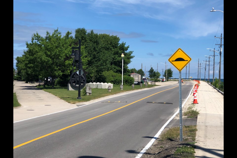 The new speed bumps on Heritage Drive. The town has also reconstructed part of the trail to Millennium Park and has painted lines on Heritage Drive to control traffic. Erika Engel/CollingwoodToday