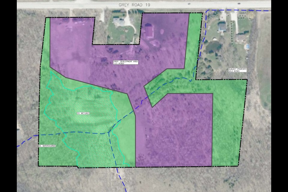 In his latest presentation to The Blue Mountains council, developer Paul Mondell said the purple areas of the property where his is proposing a rental housing development would be appropriate for the project, while the green areas would remain natural areas.