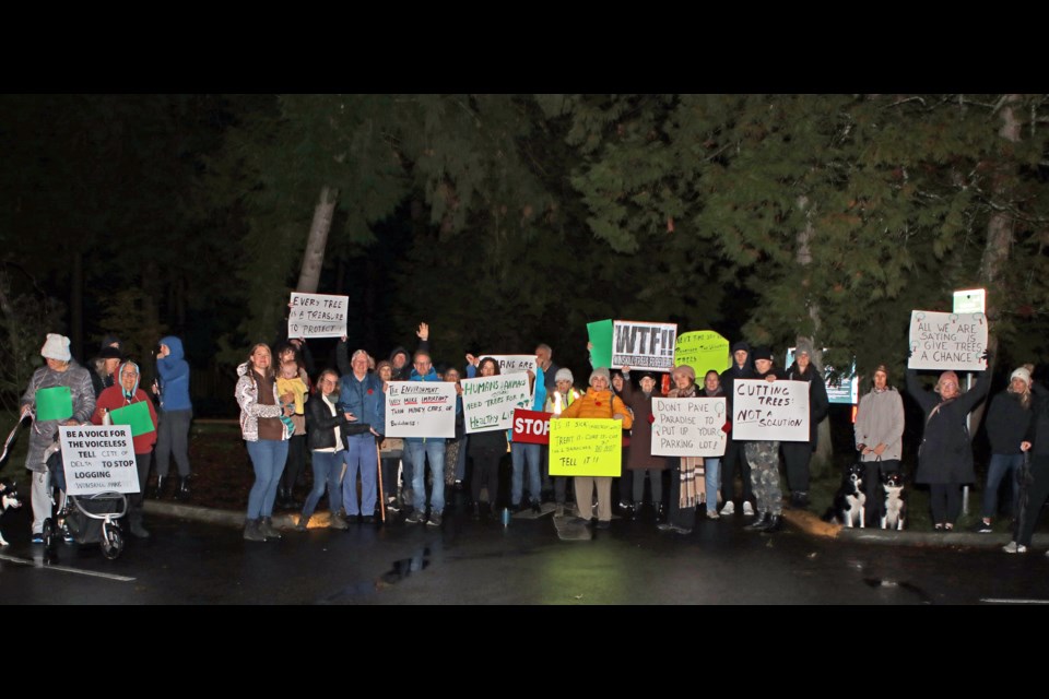 Between 20 and 40 residents were on hand bright and early Monday morning to protest the removal of trees in Winskill Park which is part of the renewal plan for the new Winskill Aquatic and Fitness Centre, a fourth baseball diamond, additional parking and other amenities. The City of Delta announced last week its reforestation plan wil preliminary estimates seeing the city plant between 375 and 400 new trees.