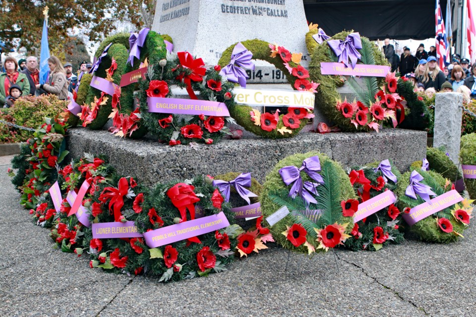 The streets around the Cenotaph in Ladner's Memorial Park were packed as residents came to pay their respects at the annual Remembrance Day ceremony hosted by the Ladner Legion.