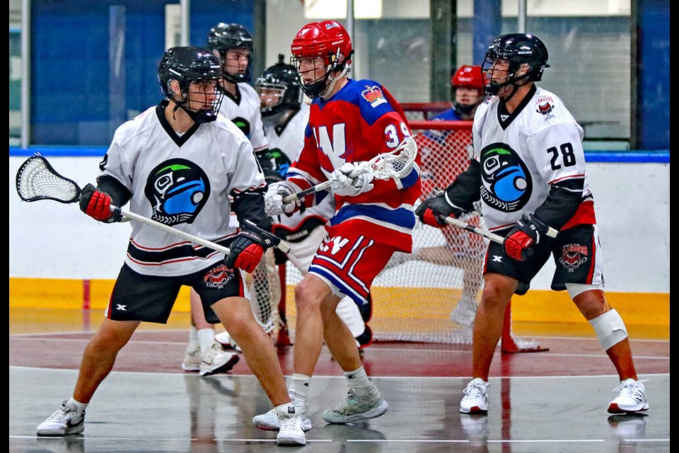The Delta Islanders, wearing special jersey’s in support of I-SPARC and National Indigenous Peoples Day, lost 15-8 to the New West Salmonbellies in BC Junior ‘A’ lacrosse league action at the Ladner Leisure Centre Saturday night. Jim Kinnear Photo 