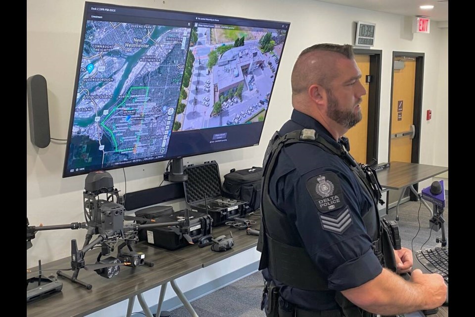 A/Staff Sgt. Jim Ingram, head of the department’s drone program, provides a demonstration how a drone can be launched from the North Delta Public Safety building and quickly provide a visual of a scene, which can be useful in letting officers know what to expect before arrival. Sandor Gyarmati photo 