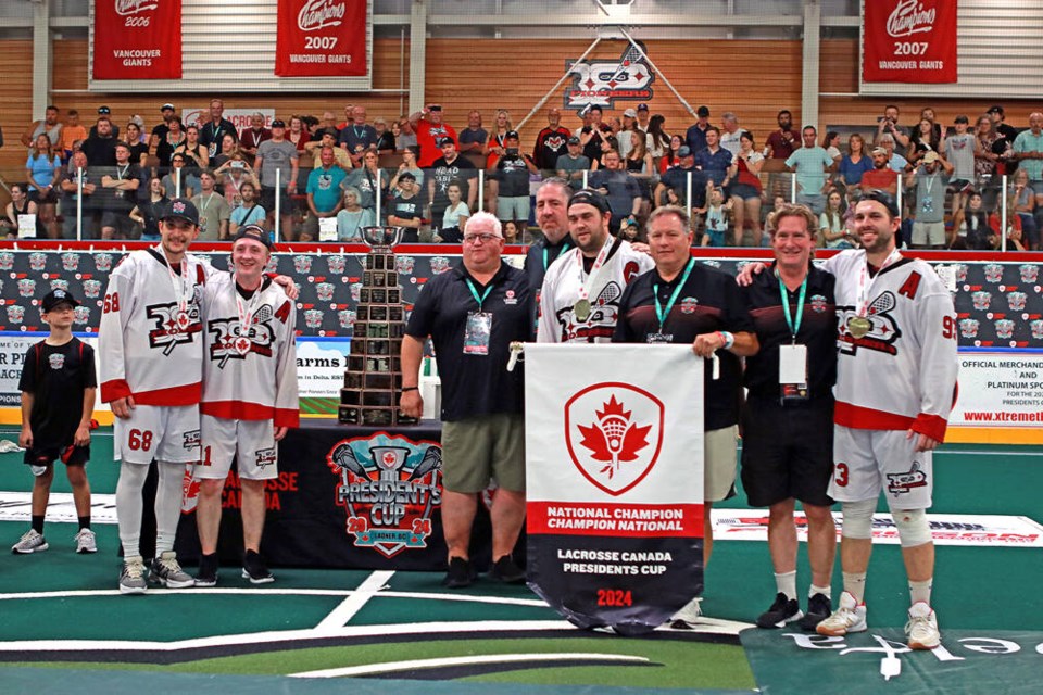 The Ladner Pioneers won their third straight President’s Cup senior B national lacrosse title with a 9-2 win over the Edmonton Miners at the Ladner Leisure Centre on Saturday night, Aug. 31. Jim Kinnear Photos 