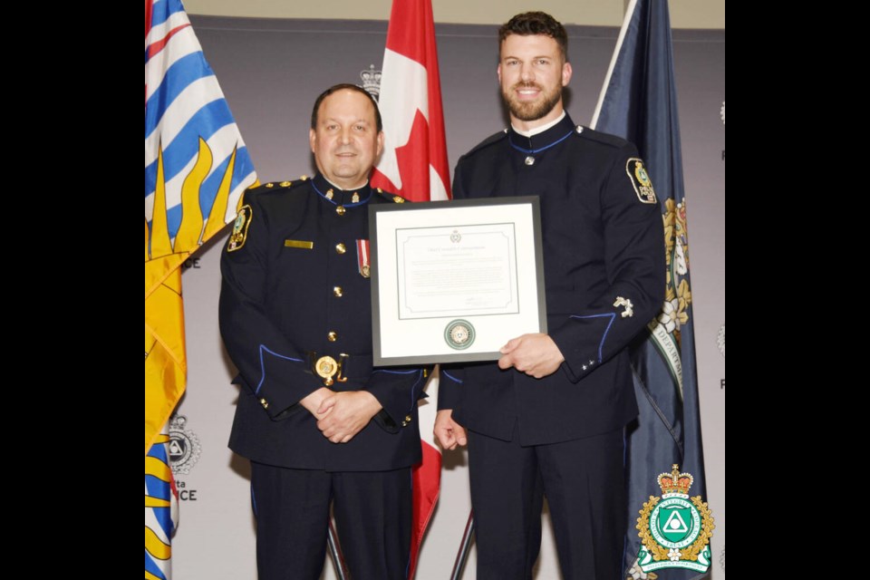 The ceremony’s highest honour, the Chief Constable Commendation, was awarded to Const. Brandon Orser for his extraordinary efforts in supporting an individual in a mental health crisis on the Alex Fraser Bridge for over eight hours and saving their life. Delta police Photo