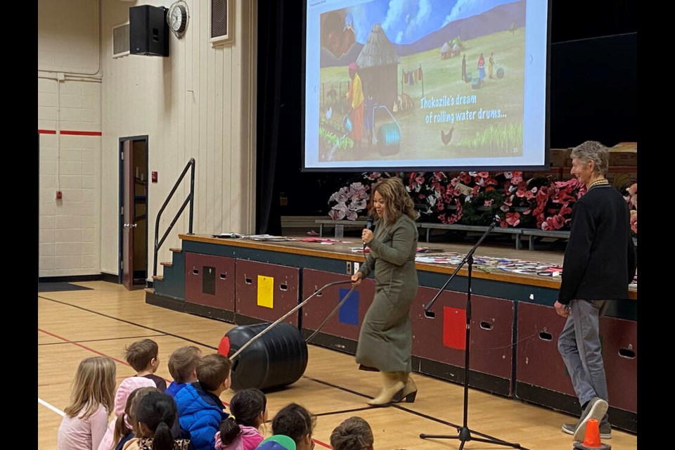 South African author Iris Canham shared with K-4 students at Ladner Elementary last week as she read from her inspiring book, Thokozile Had A Dream. Cathryn Tucker Photo 