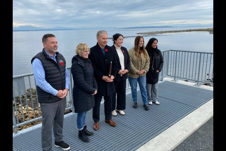 Among those on hand for last week’s major announcement were (from left) Delta city council member Dan Boisvert, Delta MP Carla Qualtrough, Mayor George Harvie, Tsawwassen First Nation Executive Council member Taylor Baker, city councillors Alicia Guichon and Jennifer Johal. Sandor Gyarmati photo 