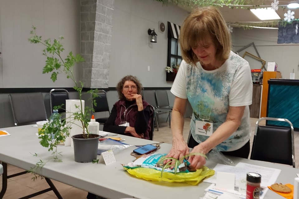 Dianne Vlahovich cuts an opening in a soil bag to be used for planting directly into the container at this month’s Elliot Lake Horticultural Society meeting while Pat McCaffery looks on.