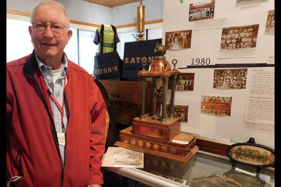 Ron Miskimin, 1950s log rolling champion, at the Timber Village Museum