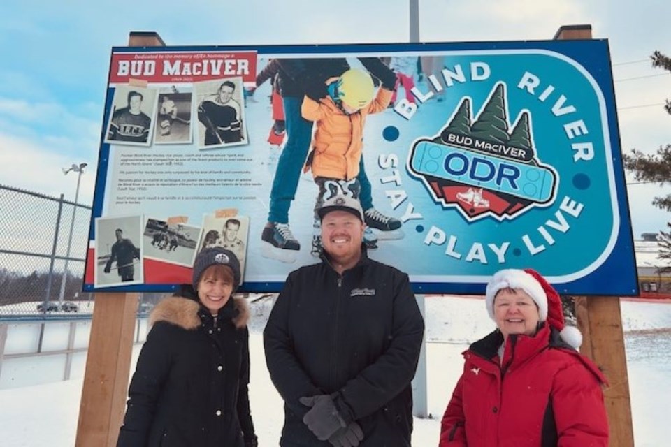 Left to right: Mayor Sally Hagman, Tyler MacIver (grandson of Bud MacIver), Deputy Mayor Paula Summers.