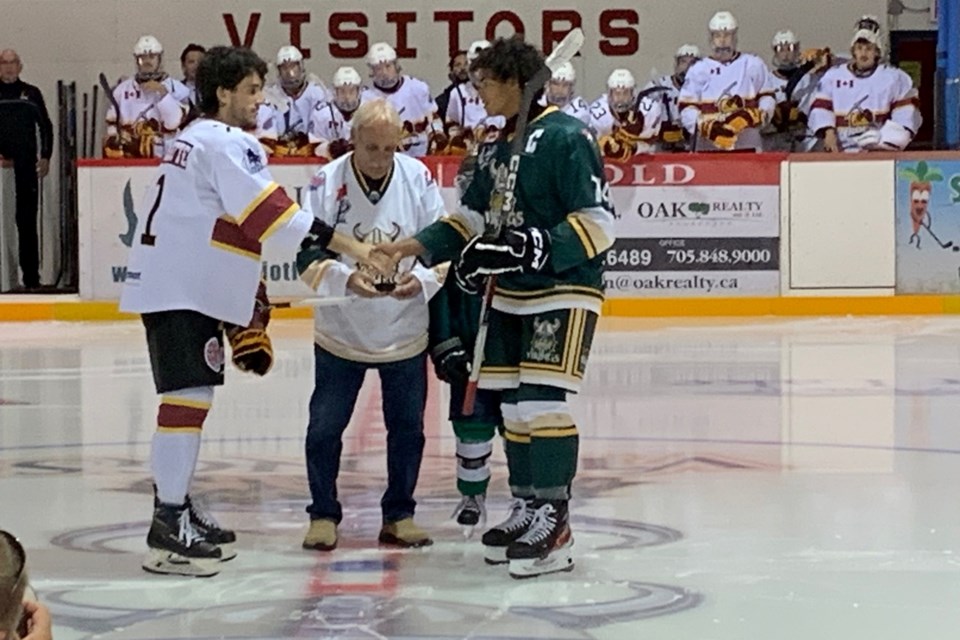 Former Elliot Lake Vikings player Bucky Seymour was honoured to do the official puck drop at Saturday’s game against the Timmins Rock at the Centennial arena