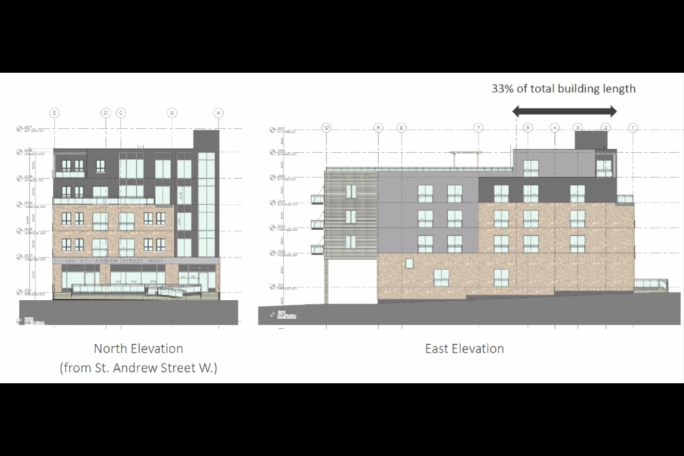 A drawing of the proposed apartment building showing the view of it from the front and the side. 