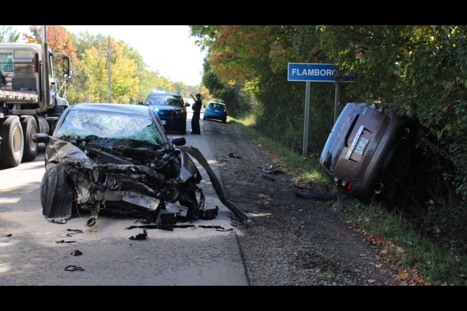 A two vehicle collision on Cooper Road in Flamborough near Puslinch and Cambridge resulted in minor injuries for two people.