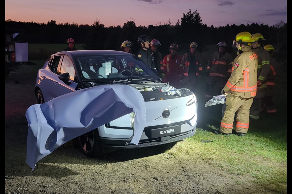 Wellington County firefighters trained on extrication from an electric vehicle which has different considerations compared to a gas powered vehicle.