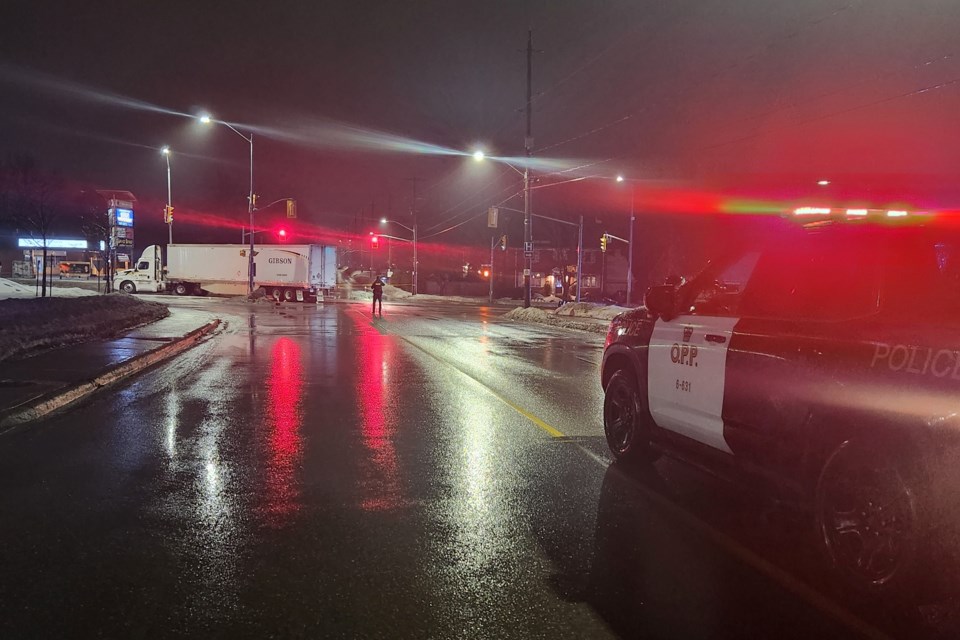 OPP were called to the intersection of Belsyde Avenue and Tower Street South in Fergus at around 5:30 p.m. on Wednesday, March 5 after a pedestrian was struck by a tractor-trailer