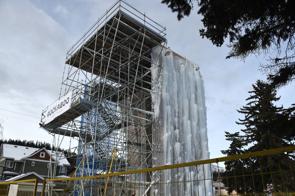 An artificial ice climbing wall along Patricia Street in Jasper, Alta. on Thursday, Jan. 9, 2025.