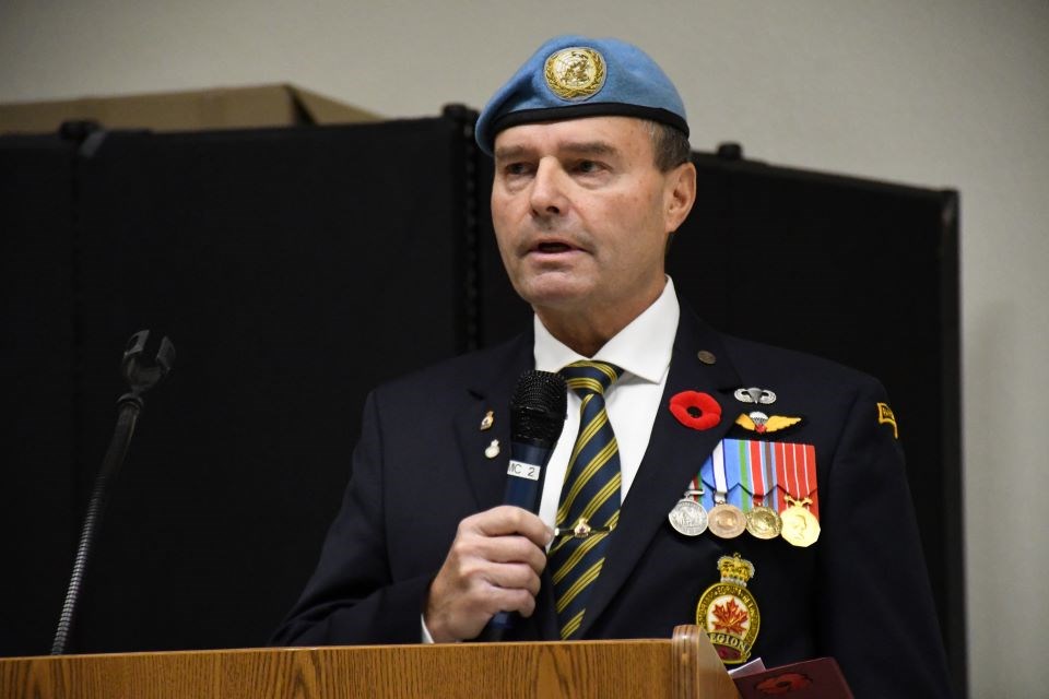 Jasper Legion vice president Greg Key speaks at the Jasper Activity Centre on Monday, Nov. 11, 2024.