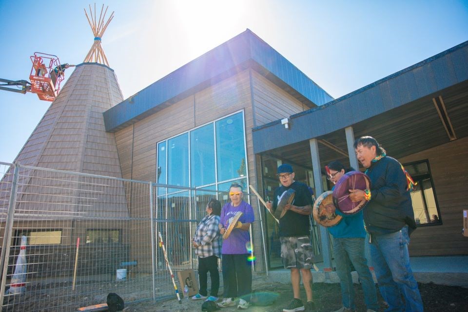 Project partners and provincial officials participated in a topping blessing ceremony for the Kikinow Elders Lodge near Grande Cache on Aug. 29, 2024. The event marked the placement of the teepee’s peak, which represents the highest point on the building.