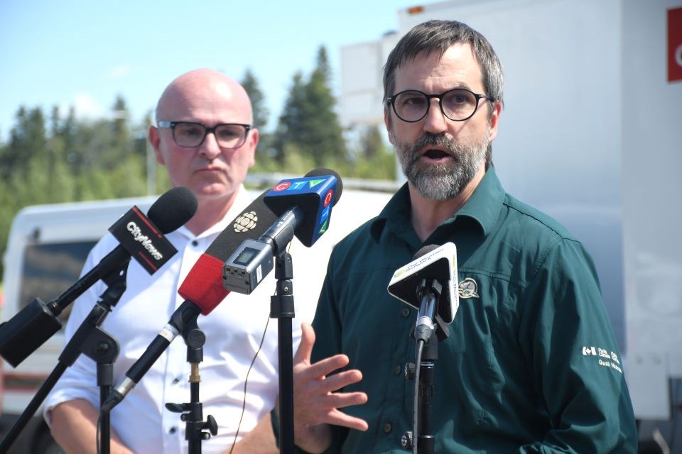 Environment Minister Steven Guilbeault speaks on the Jasper wildfires during a press event in Hinton, Alta. on Thursday, Aug. 1, 2024. | Peter Shokeir / Jasper Fitzhugh