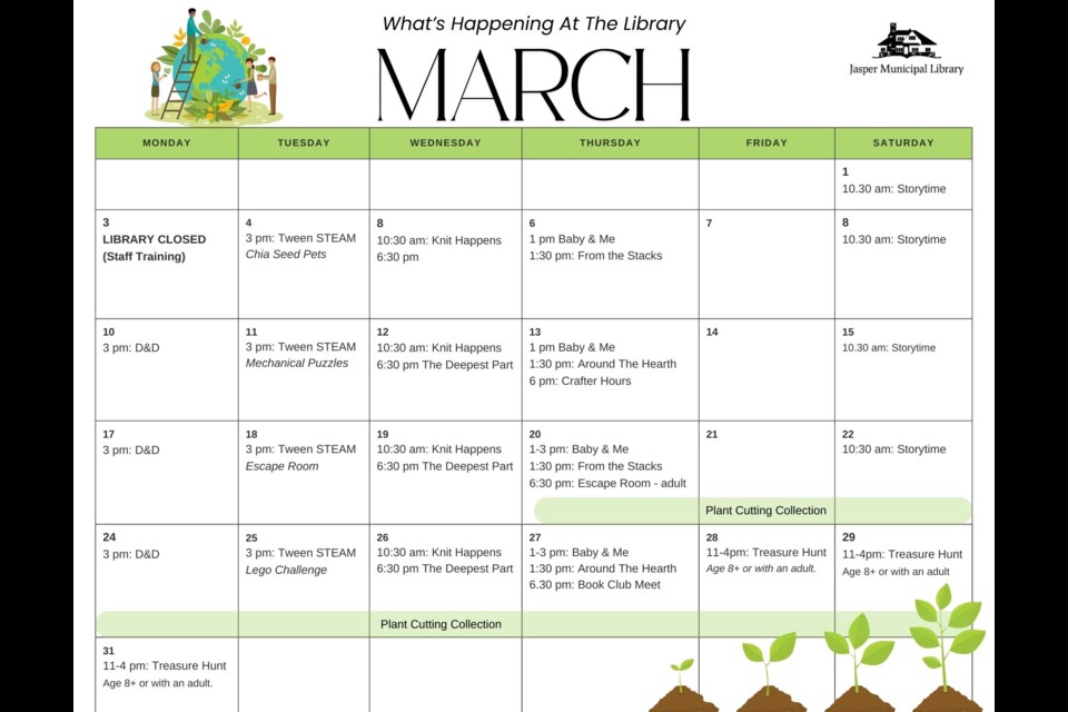 The Jasper Municipal Library schedule for March. HANDOUT