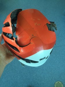 Ryan Titchener's helmet likely saved his head from being crushed by a 300 kg boulder. Photo submitted.