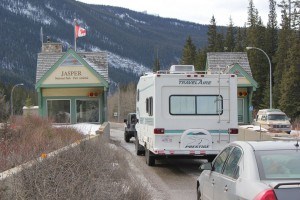 Parks Canada intends to analysis traffic coming through Jasper's east gate to determine if an express lane is warranted to ease congestion. P. Clarke photo.