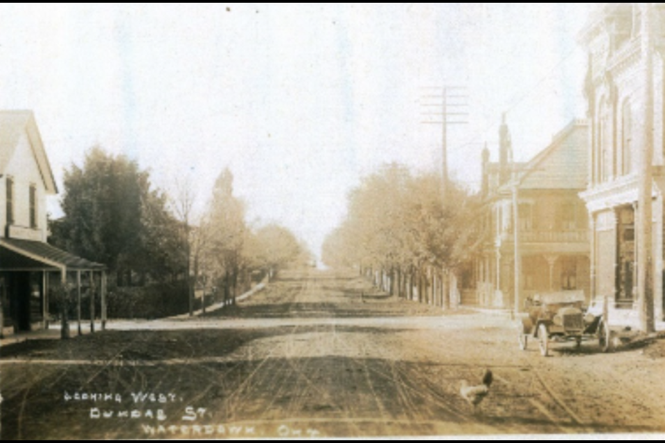 The four corners at Main and Dundas, looking west, circa 1912.