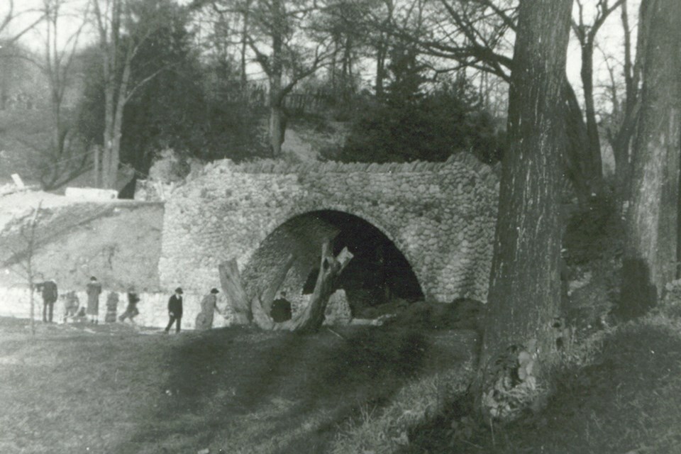 The cobblestone bridge at Webster's Falls after completion 1938. 