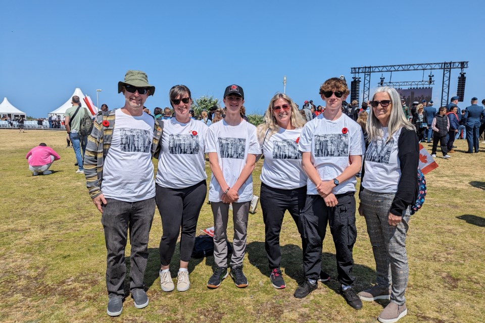 (Left to Right) Nick Varey, Cindy Nieuwkuyk, Rory Gavin, Heather Hiseman, Aiden Hiseman and Dianne Nieuwkuyk traveled from Ontario to Normandy to honour William ‘Mac’ Dixon, who landed at Juno Beach on D-Day.