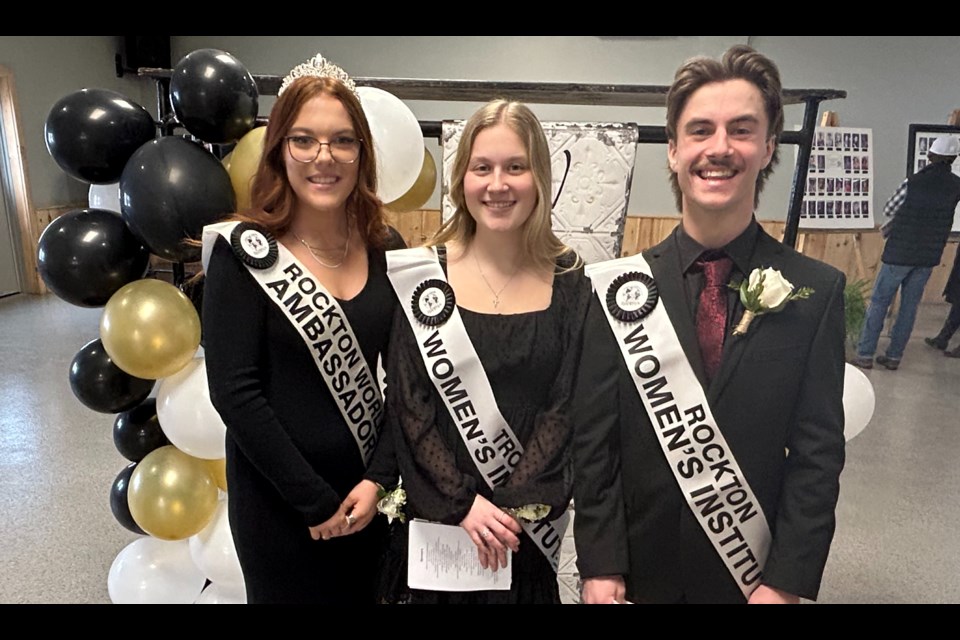 (Left to right) 2024 Rockton Fair Ambassador Mckenna Stephens and competitors Rae Boudreau and Bryce Neary welcome guests at the 2025 Rockton Fair Ambassador competition Saturday. Neary was selected for the role - the second man in the 60-year history of the contest to do so.