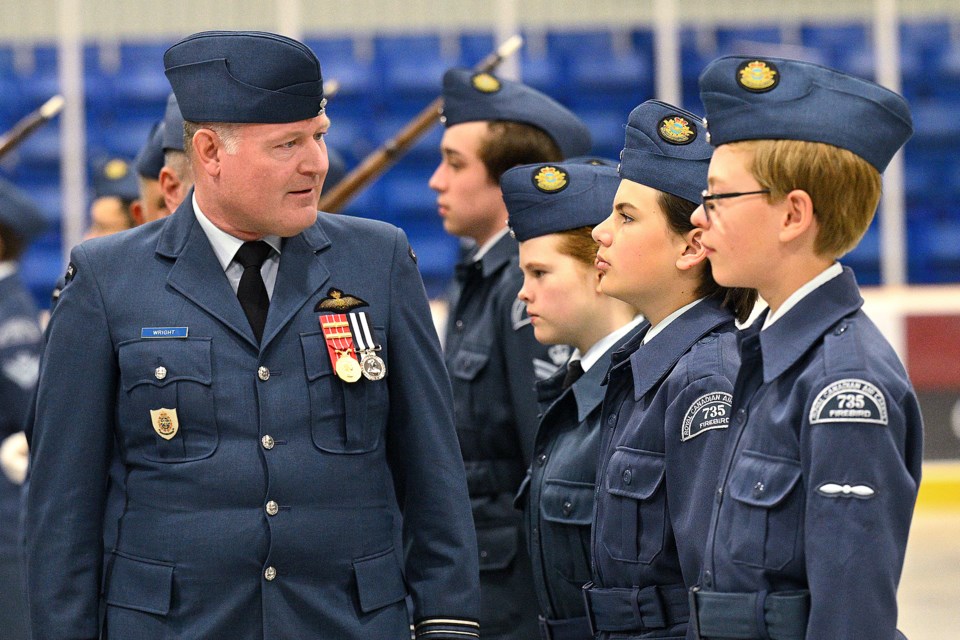 Reviewing Officer Major David A. Wright,  Deputy Commanding Officer Central Region Cadet Support Unit, inspects the Dundas Firebirds squadron at Grightmire Arena Sunday afternoon.