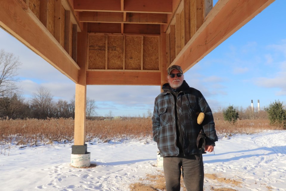 Glenn Meldrum stands inside the barn swallow shed at Johnson Tew Park in Greensville. Meldrum worked for over two years to fund and build the shed. 