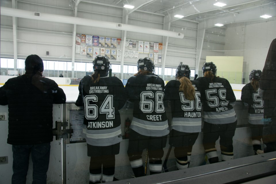 Flamborough Falcons U18 players get ready to take the ice during Winter Chill play on Saturday at Harry Howell Arena.