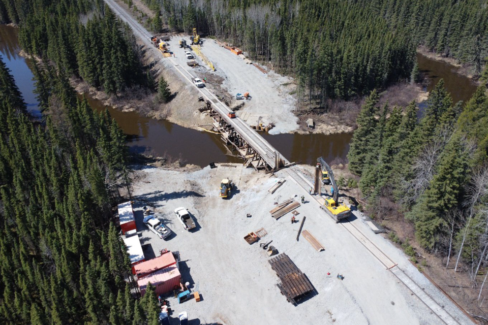 Construction takes place on a Hudson Bay Railway line bridge near Thicket Portage earlier this spring. The rail line will be used to send concentrate from Hudbay's Lalor mine to the Port of Churchill later this summer.