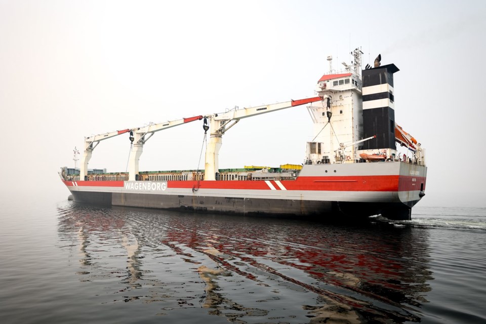 A ship, carrying a load of Manitoba-mined zinc concentrate, heads out to sea from the port of Churchill August 16.