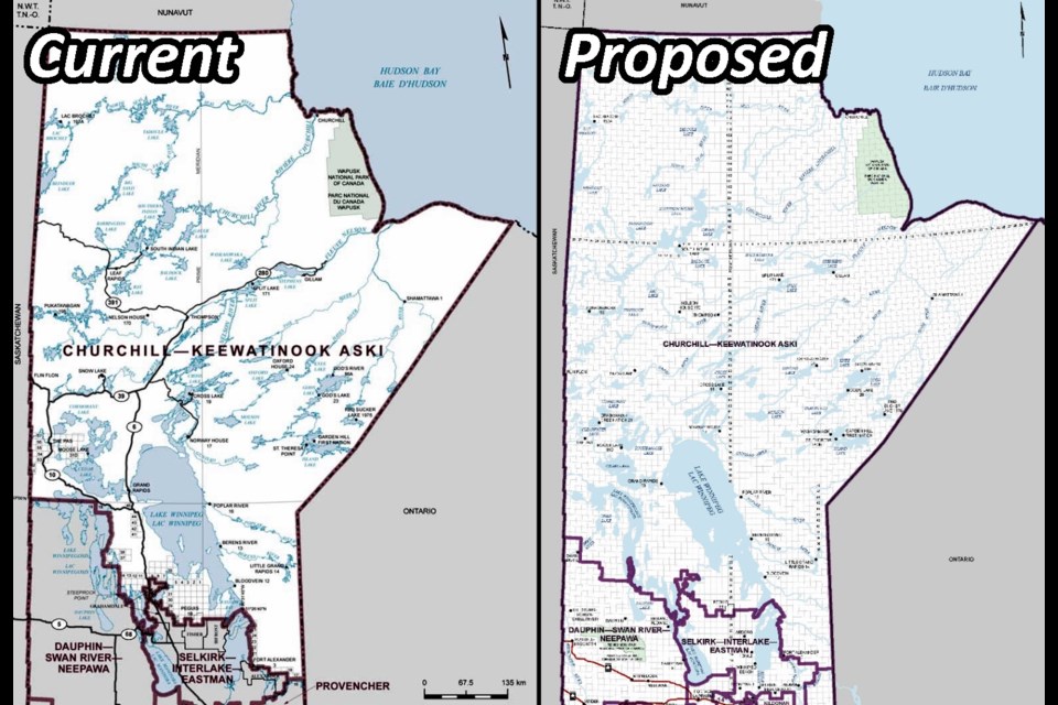 Current and proposed new federal riding maps are shown for both Churchill-Keewatinook Aski (left side) and Desnethé–Missinippi–Churchill River (right side), the ridings covering northern Manitoba and Saskatchewan. Both ridings' boundaries could be changed under a new set of proposed maps.