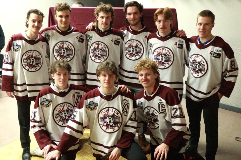 The Bombers' graduating players - from back left, Riley Niven, Harmon Laser-Hume, Adam McNutt, Matt Egan, Tyson Smith, Anthony Bax; Jacob Vockler, Noah Houle and Justin Lies in front - pose during the team's awards night May 4.