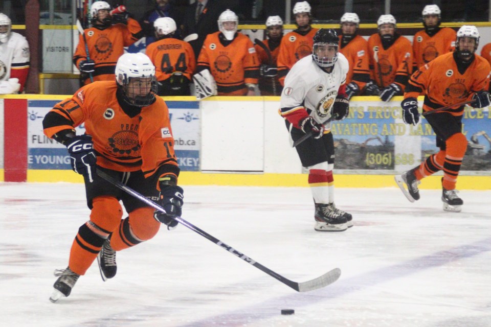 PBCN Selects defender Xzavier Kubluitok rushes the puck into the zone during the Selects' Sept. 30 game against the NCN Flames at the Whitney Forum. The Selects were shut out in a 1-0 loss, but picked up a 9-7 win the next day.