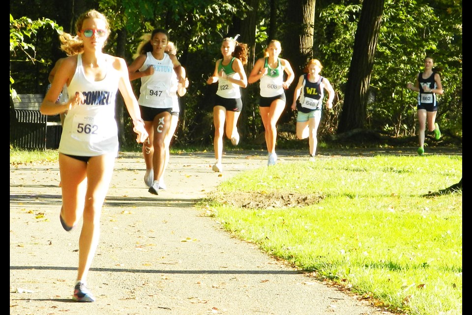 Bishop O'Connell's Molly Weithman leads the pack on the bike-patch portion of the girls meet.