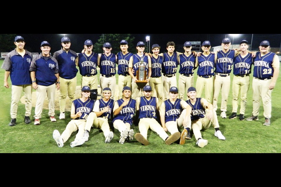 The champion Vienna Post 180 team gathers for a photo after winning a third straight American Legion District 17 tournament championship.