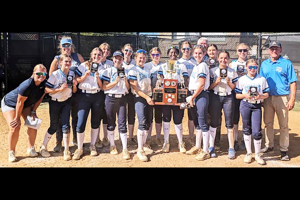 The Great Falls Sharks gather with the First Responders Cup trophy after winning the tournament's 14-under age division. 