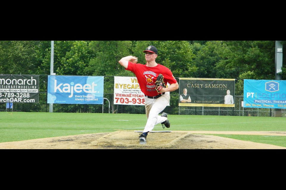 James Pilot of Arlington Post 1995 pitched a scoreless inning of relief for the winning East team in the American Legion District 17 all-star baseball game on July 4 at Waters Field in Vienna.