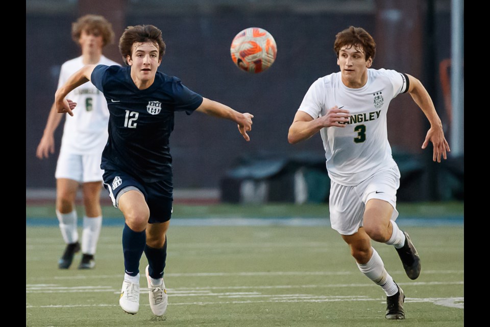 Washington-Liberty's Braydon Fahle, left, and Langley's  Ryan Roncskevitz chase a loose ball. 