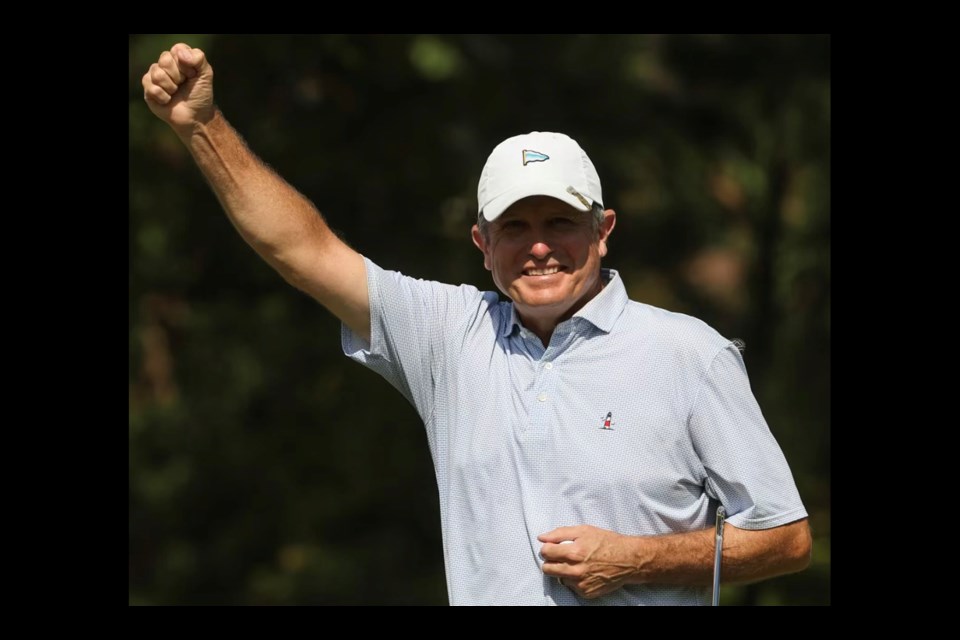 Arlington resident Matt Sughrue reacts to reaching the semifinals of this year's U.S. Senior Amateur golf championship. (Photo from United States Golf Association)