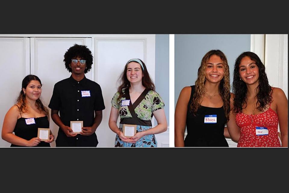 In left photo, Sydney Portillo, Finhas Asmalash and Liza Rose Roach receive scholarship awards from the Arlington Optimist Club. In right photo, Malek Ben Hammouda and Nour Ben Hammouda receive awards.