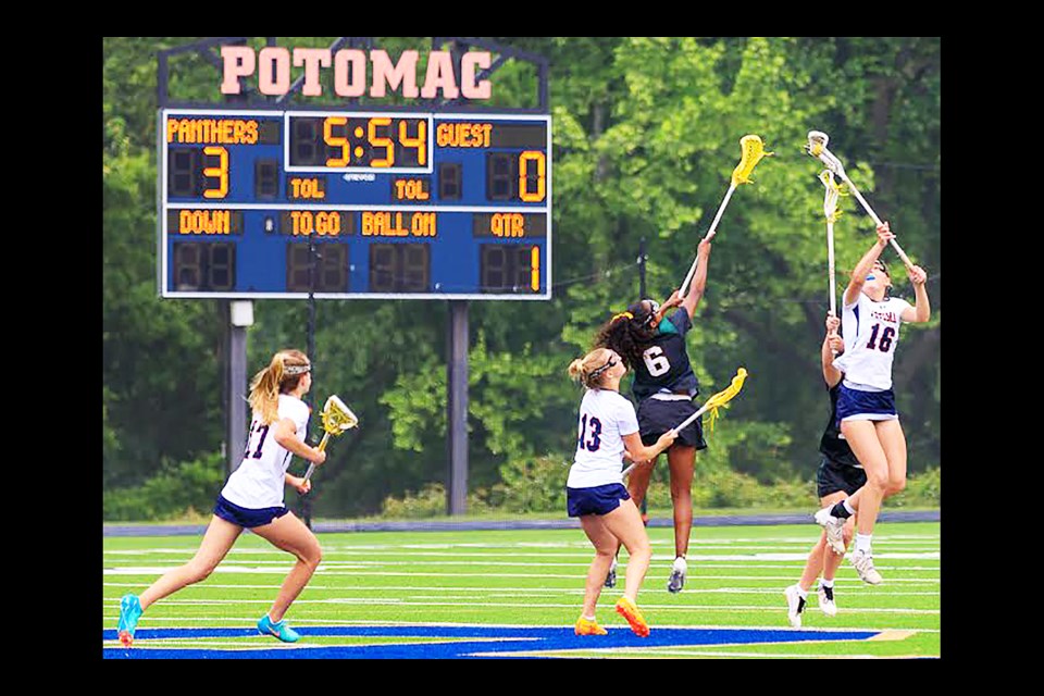 From left: Potomac School  girls lacrosse players Brooke Ambrose, Amory Imperatore and Catherine LeTendre received big postseason honors for their performance during the spring season.