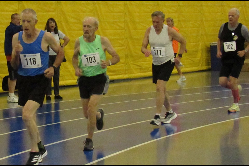 A scene from the 1,600-meter men's running competition that kicked off the 2024 Northern Virginia Senior Olympics.