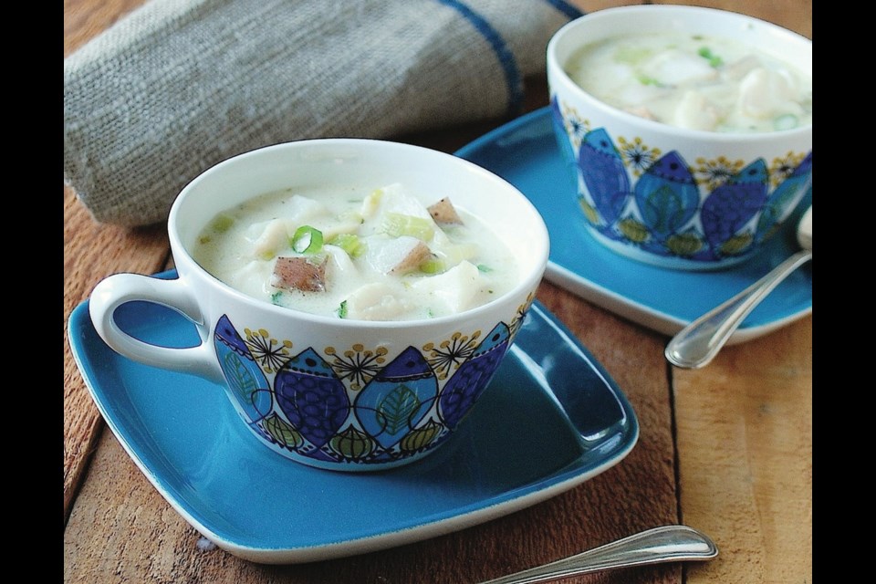 Halibut chowder for two is flavoured with leeks, smoked salmon nuggets and tarragon.